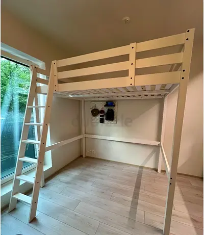 IKEA Queen size White wooden high loft bed with ladder - good condition with free home delivery