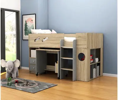 Wooden Loft Bed with Desk and Storage - Single Kids Bed