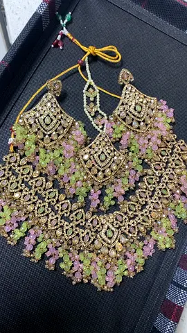 Traditional Indian Kundan Bridal Necklace Set with Pink & Green Beads