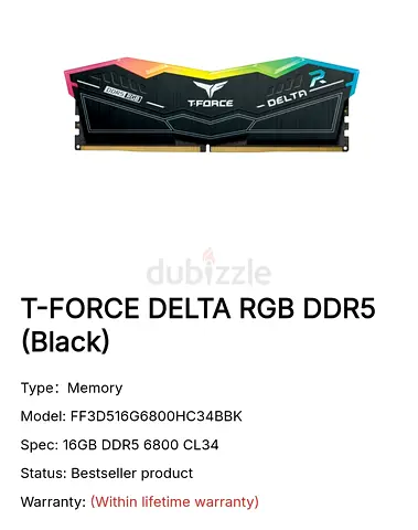 T-FORCE DELTA RGB 16GB DDR5 6800 CL34 (Black)
