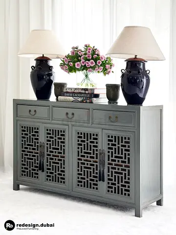 CHINESE DUSTY BLUE GRAY LATTICE SIDEBOARD or console table or buffet credenza or storage cabinet