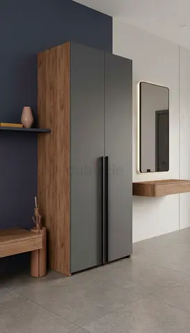 Modern Two-Door Wardrobe with Wood Finish and Matte Grey Doors