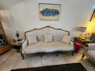 Vintage French-style 3-seater Sofa with Carved Wood Frame, Beige Upholstery