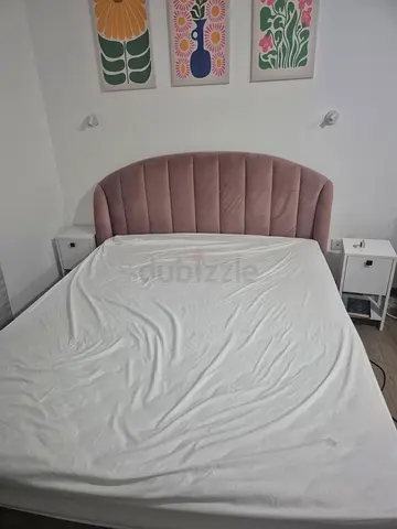 Pink Velvet Bed with Mattress- Queen Size and side tables