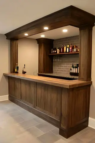 Solid Wood Home Bar Counter with Overhead Canopy and Shelving