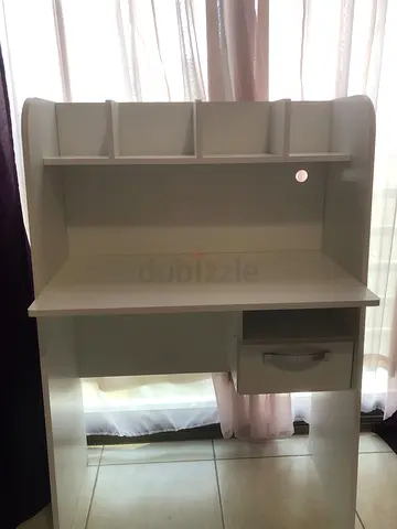 White wooden desk with shelves and drawer