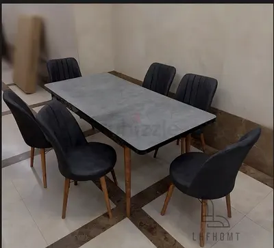 Modern 6-Seater Dining Table with Velvet Chairs - Grey Top