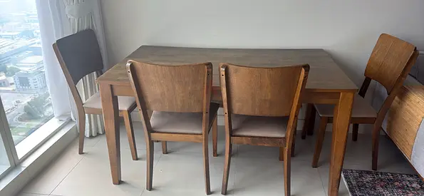Solid Wood Dining Table with 4 Chairs and one bench - Simple Modern Design