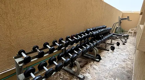 Set of Rubber Coated Dumbbells with Rack - Various Weights- bars - benches- vertical leg raise