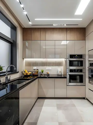 Modern Glossy L-Shaped Kitchen Cabinets with Built-in Appliances| Custom made kitchen cabinets