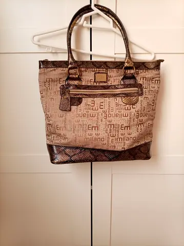 Milano beige monogram tote bag. Canvas with faux snakeskin trim