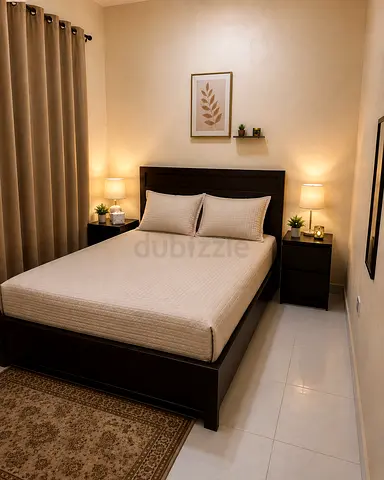 Dark Wood Double Bed Frame with Headboard,matching side tables and mattress(No decorative items)