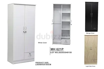 Two-door wardrobe with drawer - white, 80x45x185cm