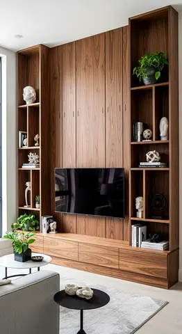 Custom walnut wood built-in entertainment center with shelving and TV console
