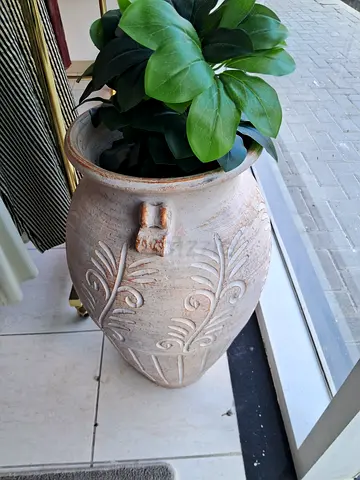 Large Decorative Clay Urn with Artificial Plant