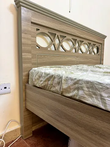 Queen wooden bed frame with decorative headboard - light oak finish and Mattress