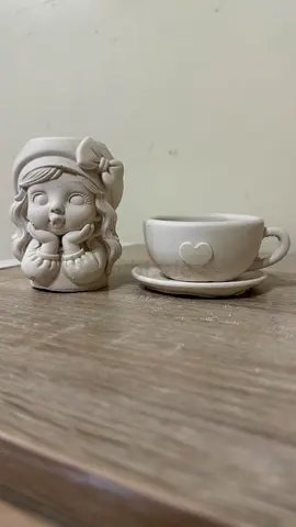 White Ceramic Decorative Planter Set — Girl Figurine and Heart Teacup