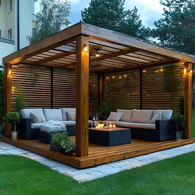 Outdoor wooden pergola seating set with rattan sofas and cushions