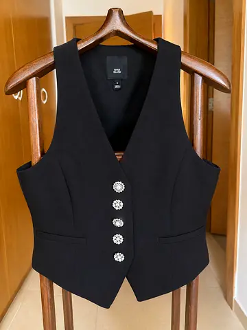 River Island Black Waistcoat with Crystal Buttons – Size 14