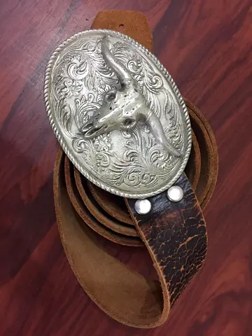 Vintage Leather Belt with Bull Skull Buckle