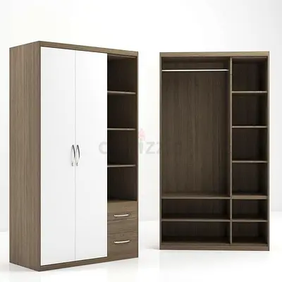 Two-piece wooden wardrobe with shelves and drawers