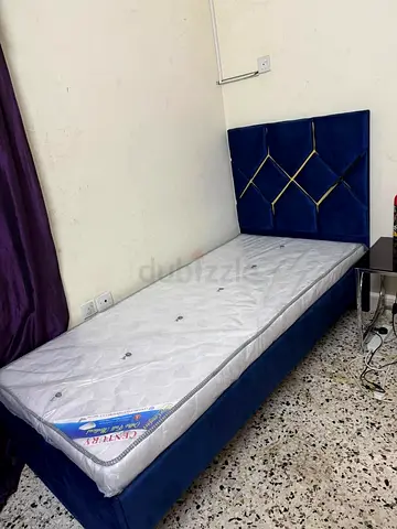 Single bed frame with mattress - navy velvet headboard