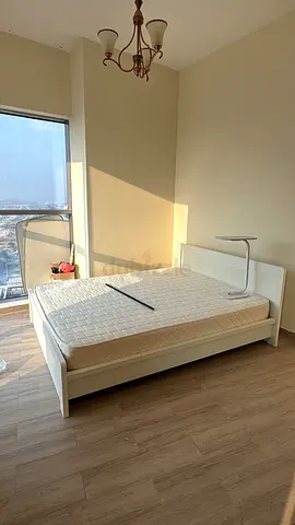 White wooden single bed frame with 2 mattress and 4 bedside tables, 1 shoe cabinet and 1 mattress