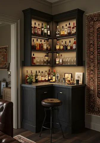 Corner Home Bar Cabinet with Open Shelves and Base Storage — Dark Wood