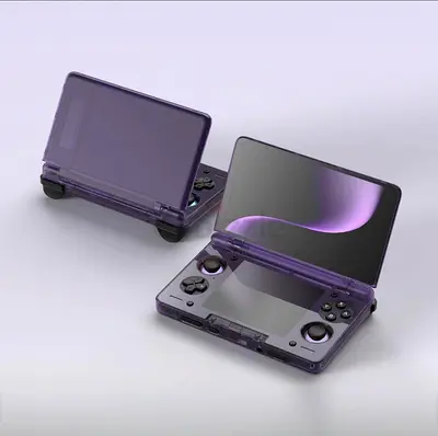 Portable emulator clamshell handheld gaming console - like new, purple transparent shell