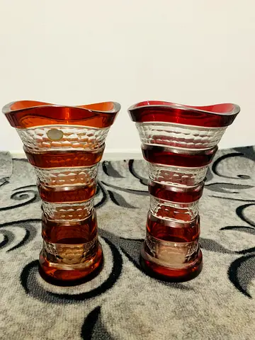 Pair of Vintage Amber & Red Glass Vases – Decorative Cut Glass Collectible Set