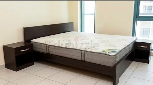 Dark wood double bed frame with matching bedside tables (set)