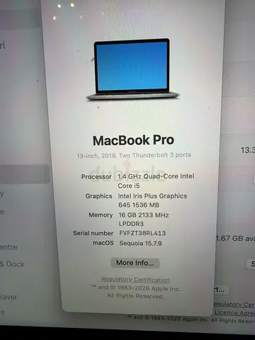 MacBook Pro 13-inch (2019) - Intel i5, 16GB RAM, 256GB SSD