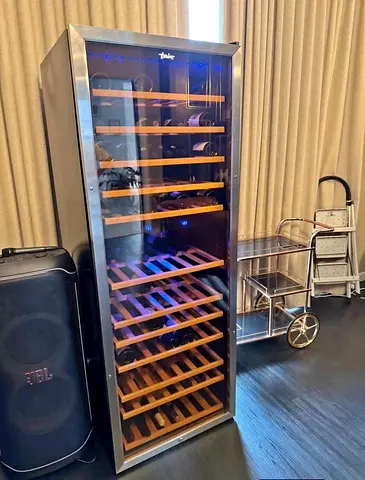 Tall Built-in Wine Cooler Fridge with Wooden Shelves - Stainless Steel