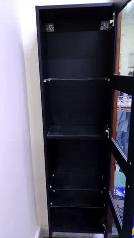 Wall mount Tall black glass-door cabinet with shelves - good condition