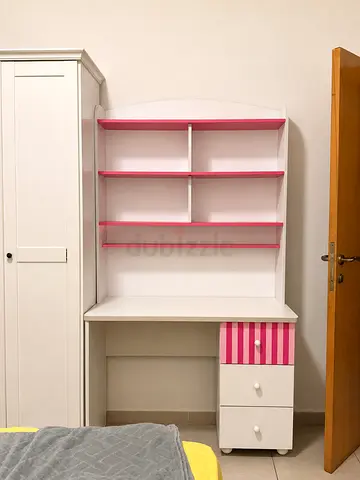 White and Pink Children's Study Desk with Shelves and Drawers