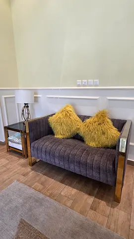 Modern Grey Fabric Sofa with Gold Finish Frame with table and side tables