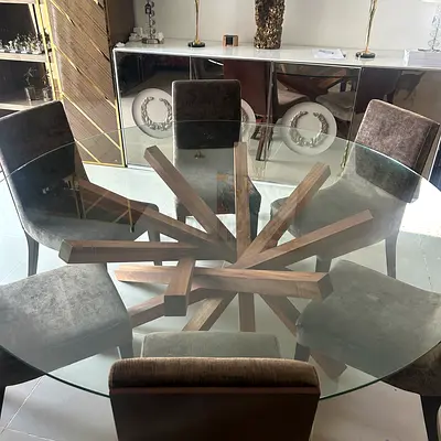 Modern Round Glass Dining Table – Stylish Wooden Base