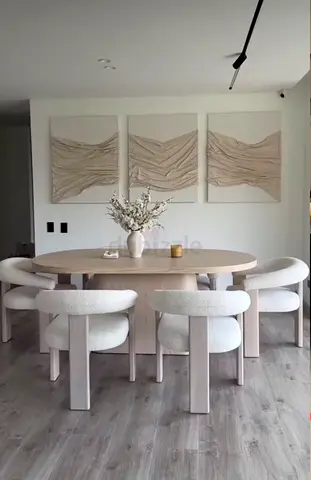 Modern Oval Dining Table with 6 Curved Bouclé Chairs — Light Oak Finish