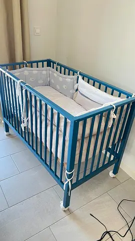 Blue Wooden Baby Crib with Bumper, Mattress & Changing Table