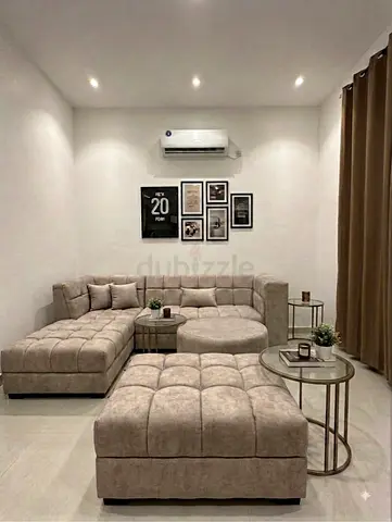Beige L-Shaped Sofa Set with table and puff (perfect condition light use)