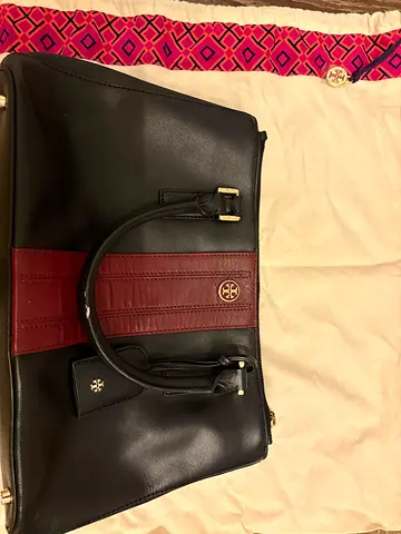 Black leather Tory Burch tote with burgundy stripe - good condition