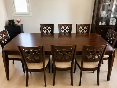 8 Seater Dark Wood Dining Set with Carved Chairs