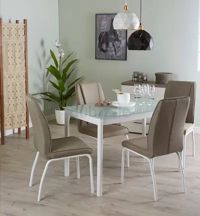 Modern Glass Top Dining Table with 4 Upholstered Chairs Light Grey originally bought from homecentre