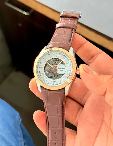 Tissot Automatic Skeleton Dial Men's Watch with Brown Leather Strap