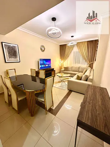 Super deluxe furnished 3-bedroom apartment with a living room in Al Taawun | 7,500, including internet and parking.