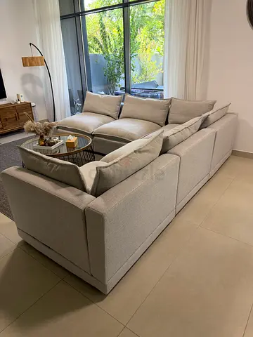 Light grey sofa- L shape - modern 5 seater with 2 side wooden tables - PAN HOME