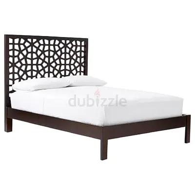 West Elm Wooden Queen Bed Frame with Moroccan Decorative Headboard - Dark Brown/ Black