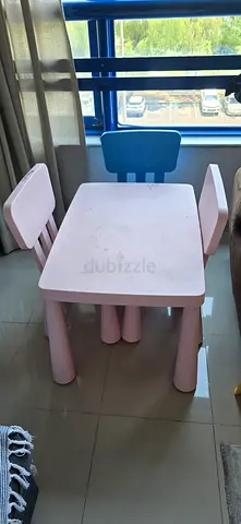 Kids wooden table and chairs set - pink/blue, good condition