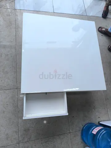 White square side table with single drawer - compact bedside/coffee table