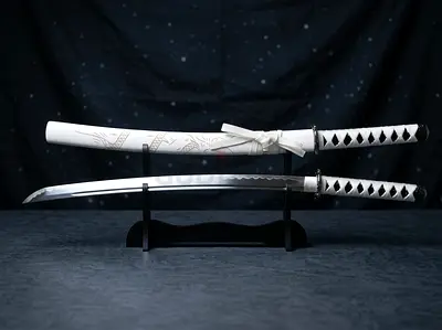 Premium Decorative Japanese Katana Sword with Display Stand & White Engraved Saya